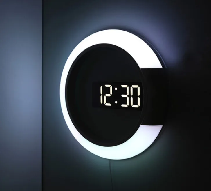 The latest wall clock, LED 7 colors, light switch, mirror hollow, multi-functional fashion electronic clock, home creative simple silent numbers