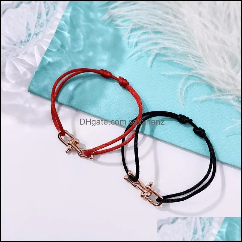 Bangle High Quality Black Red And More Colors Cotton Rope Accessories U Lock Chain Style Stainless Steel Bracelets For Women