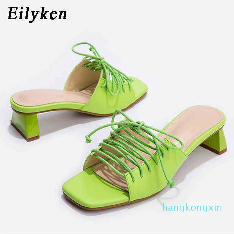 Eilyken 2022 nouvelles femmes pantoufles diapositives bout ouvert bas talons hauts chaussures sandale femme loisirs cheville à lacets en plein air maison chaussures 01