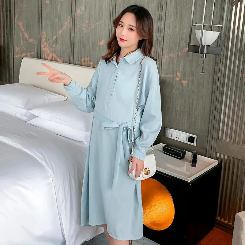 Robes De Maternité 6606 Automne Mode Coréenne Blouses Robe Avec Cravates Taille À Manches Longues Vêtements Pour Femmes Enceintes Coton Lin Grossesse