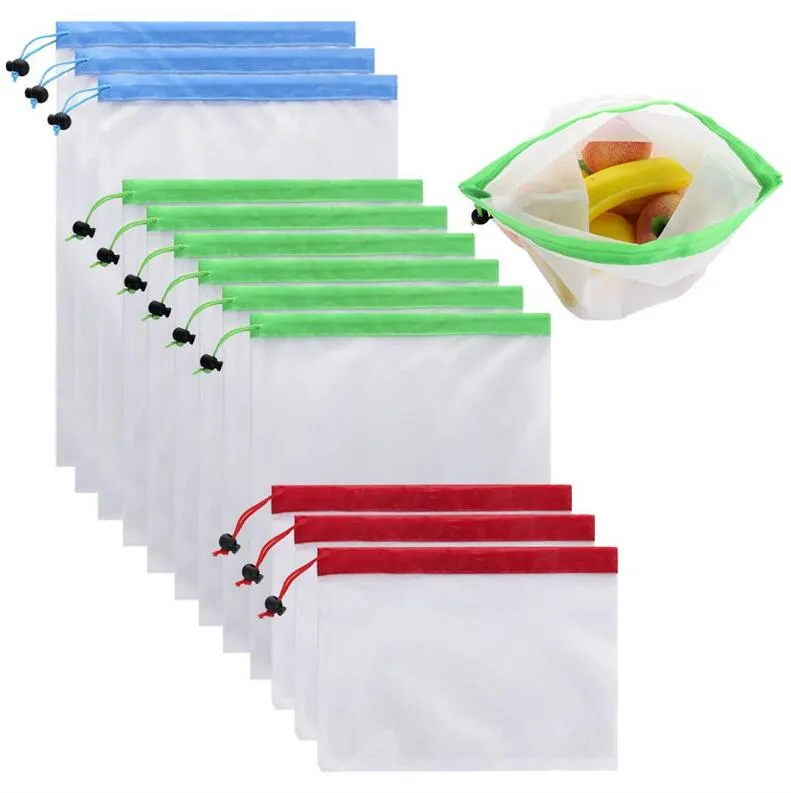 12Pcs Reusable Mesh Produce Bags Drawstring Mesh Bag Pouch for Fruit Vegetable Shopping Grocery Storage Bag Packing Pouch