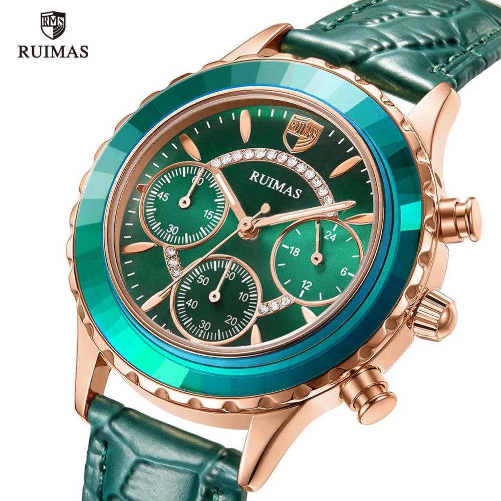 MEGIR RUIMAS Cinturino in pelle verde Orologi Donna Orologio al quarzo di lusso Lady Relogio Feminino Top Brand Cronografo Orologi da polso 210310