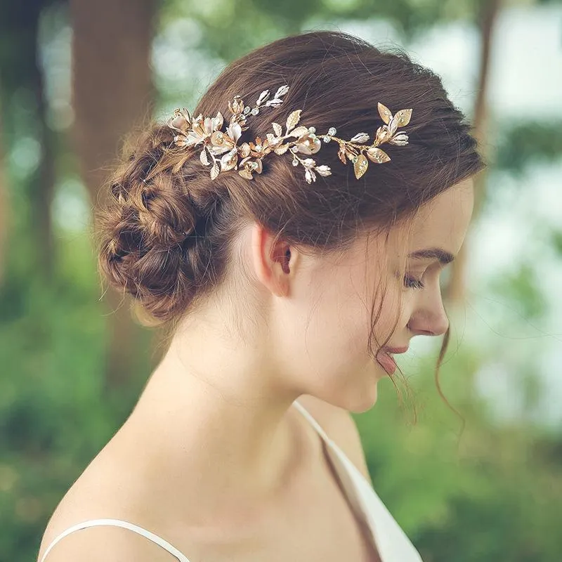 Haarclips Barrettes Handgemaakte haarbanden Dames Tiaras Hoofdbanden Crystal kralen Pearl Crown Bridal Wedding Accessories For Gold Folwer