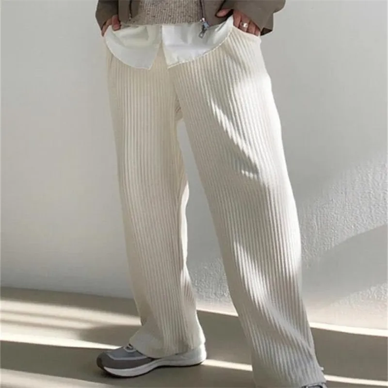 都内で Corduroy White Mens Loose Elastic With Pants Pleated Fit Clothing