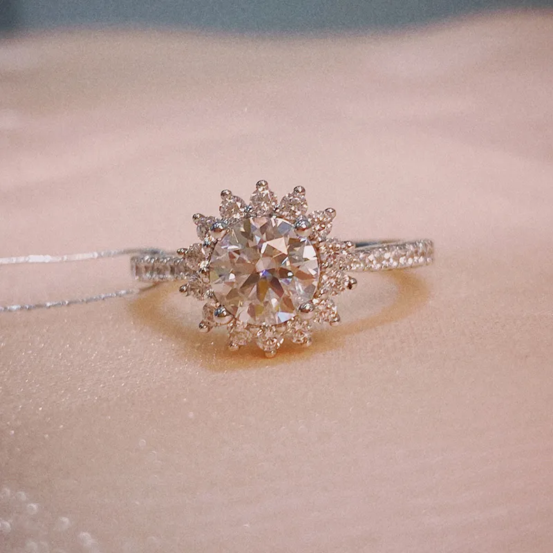 925 zilveren moissanite ring zonnebloem vorm luxe zes klauwen verlovingsvernieuwing ring 1ct df kleur ronde uitstekende snit
