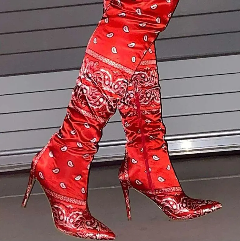 Boots Women Cashew Flower Silk Satin Paisley Print Knee Length Shoes Fashion Motorcycle High Heels Plus Size 43