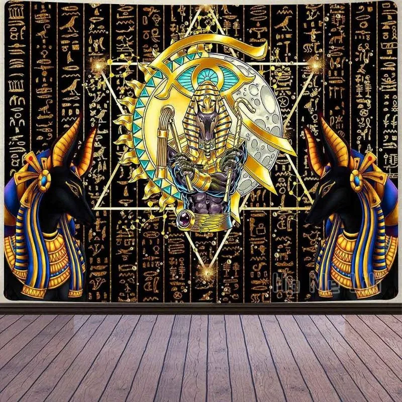 Tapisseries Dieu égyptien Tapisserie Anubis Mythique Golden Rune Pentagramme Pharaon Sceptre Oeil d'Horus Tenture murale