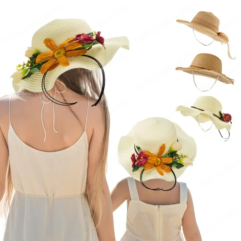 2 pièces chapeaux de paille d'été pour maman et enfants mode casquette respirante filles femmes chapeau de soleil de plage mignon joli pare-soleil d'extérieur Parent-enfant à large bord