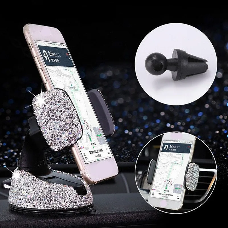 Crystal Car Phone Holder Support Universal Dashboard Mobiltelefoner Ställ Air Vent Clip Mount Holder Bling Girls Biltillbehör