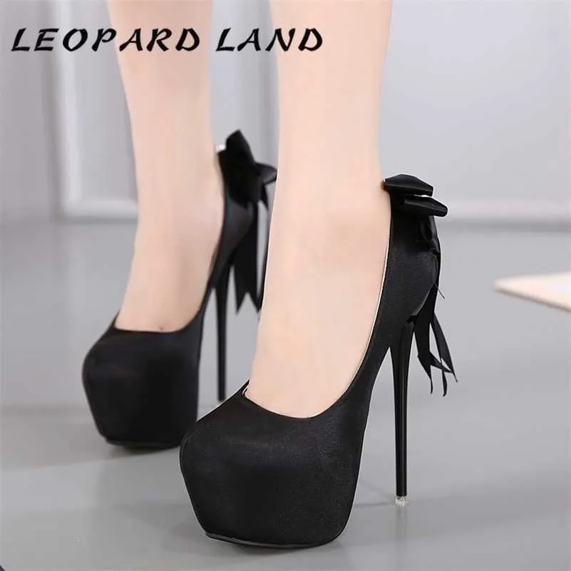 LEOPARD LAND 16cm Dam Pumps Rund Toe Sexig Satin Stor rosett Fin Högklackat Singelskor Damskor CWF-my258-52 210329