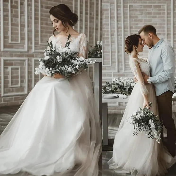 2021 Boho Bröllopsklänningar med 3/4 Långärmade Lace Tulle Enkel Billiga Custom Made Country Wedding Bridal Gown Vestido de Novia