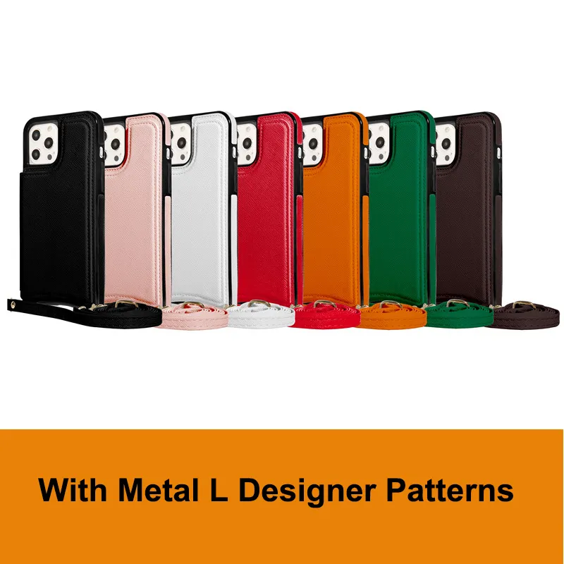 Luxury Top Leather L Matel Designer Telefonfodral för iPhone 14Plus 13 Pro Max 12 Mini 11 XR 8 7 Plus modekort Slot Multifunktionellt stativ Holder Pocket Case Back Cover Cover