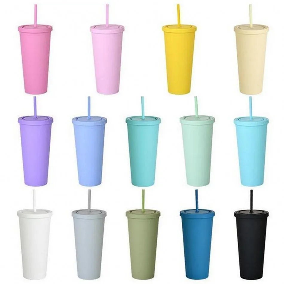 22oz Tumblers 매트 뚜껑 색이있는 아크릴 텀블러 뚜껑과 빨대 이중 벽 플라스틱 방지 컵 텀블러