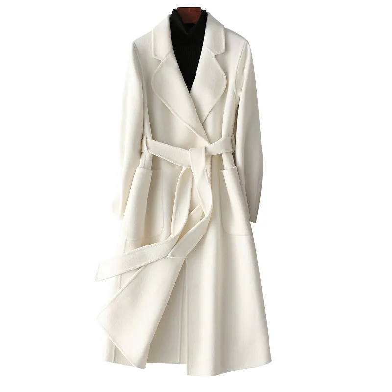 秋のウールの女性白い二重顔のカシミヤのコート冬の高品質なファッションエレガントな中長い膝のウールのコート