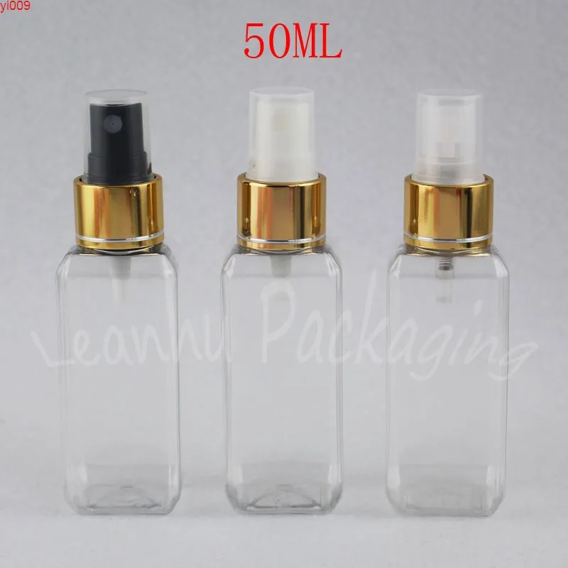 50 ml transparente Plastikflasche mit goldener Sprühpumpe, 50 CC Toner/Wasser-Unterabfüllung, leerer Kosmetikbehälter (50 Stück/Lot).
