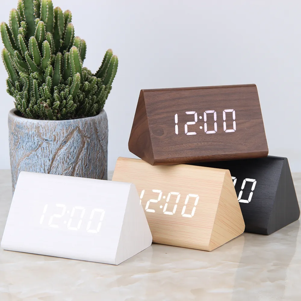 LED Digital Clock Wooden Alarm Clock Table Sound Control Electronic Clocks Desktop USB/AAA