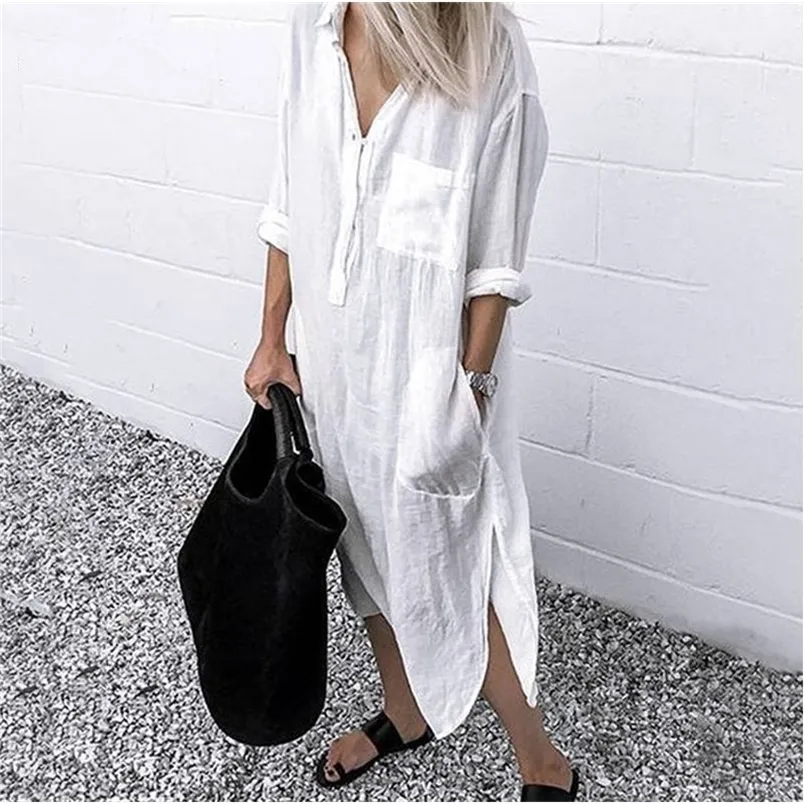 Plus Size Linho de Algodão Vestido Mulheres Branco Camisa de Manga Longa Camisa Casual Feminino Vestidos Longos Autumn Beach Fashion Lady Roupas 220311