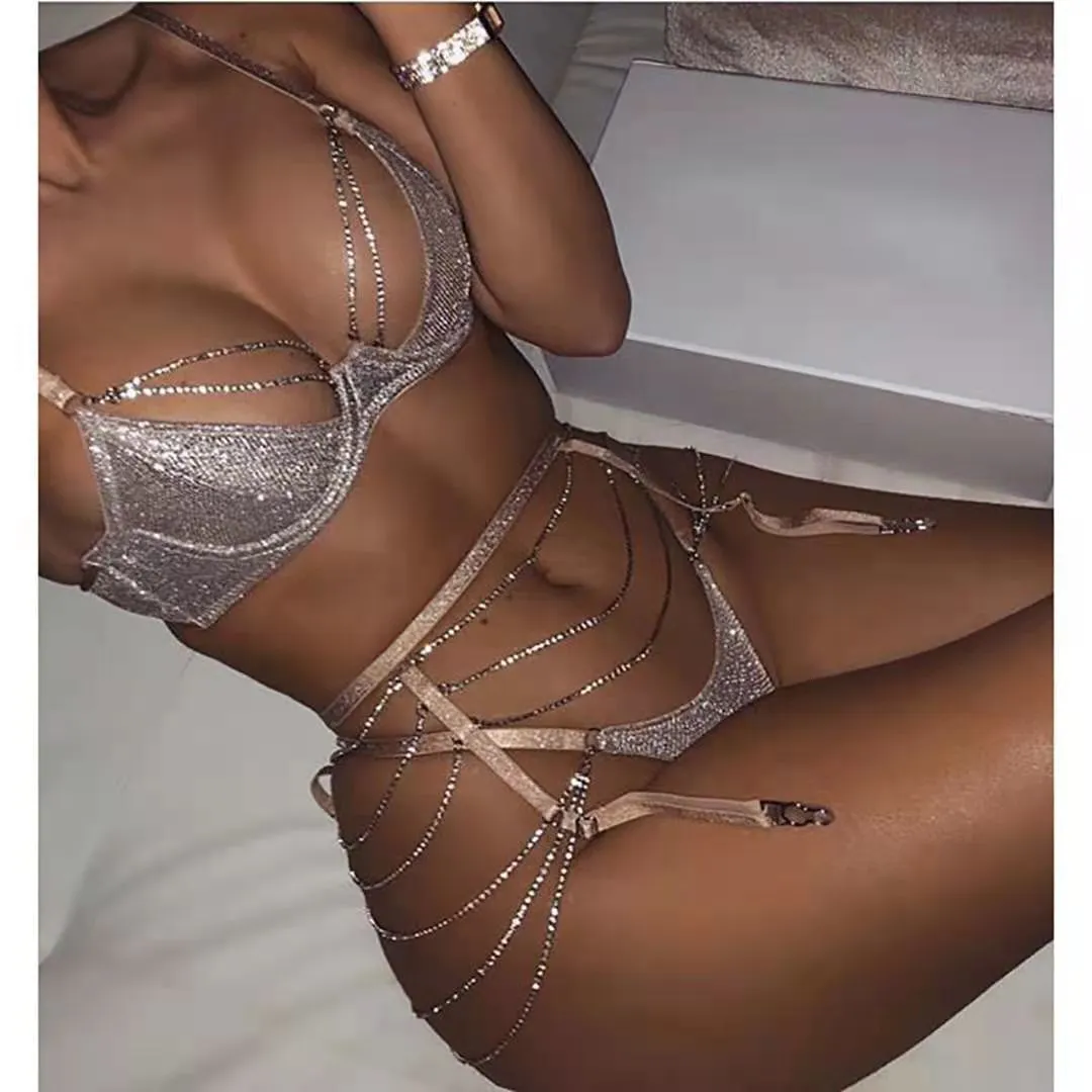 Sparkle Chate Push Up Brar и Panty Set Женщины Rhinestone Intimates Liberie Установите Классическое нижнее белье Bralteette Сексуальная краткая комплект X0526