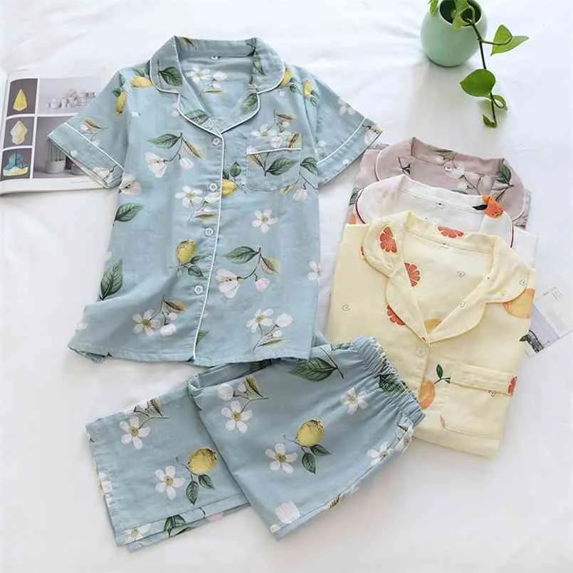 女性綿パジャマ2ピースホームスーツ半袖トップ+ズボン寝室セット女性素敵な印刷ホームウェアカーディガンパジャマ210809