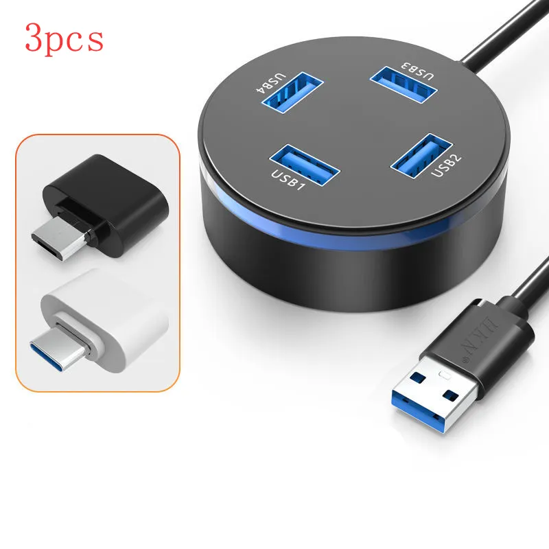 3pcs/Lot 4 in 1 USB HUB Black Splitters for USBs Connectors Laptop PC Cell Phones with Type C Micro-USB Adapters