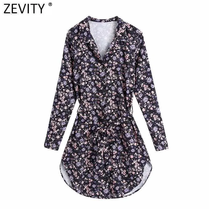 Zevity femmes Vintage violet imprimé fleuri chemise d'affaires robe bureau dame col en V nœud noué ceintures décontracté Mini Vestidos DS4813 210603