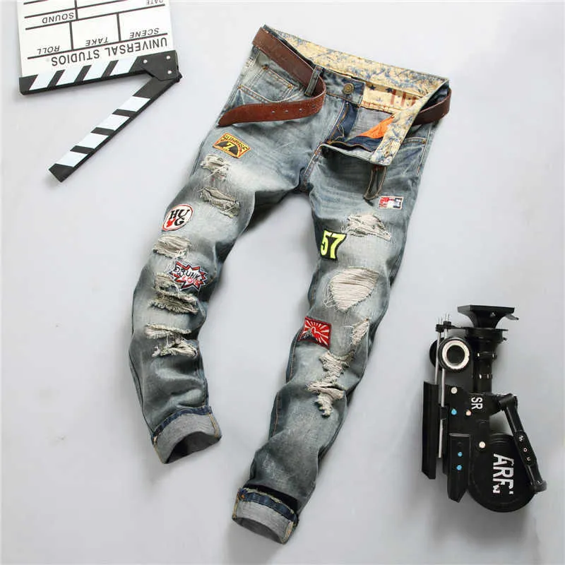 Sıkıntılı ve Yaygın Kot Denim Erkekler Uzun Dört Mevsim Düz Saç Rozeti Hip Hop Pamuk Moda Yeni Yüksek Kaliteli Kot X0621