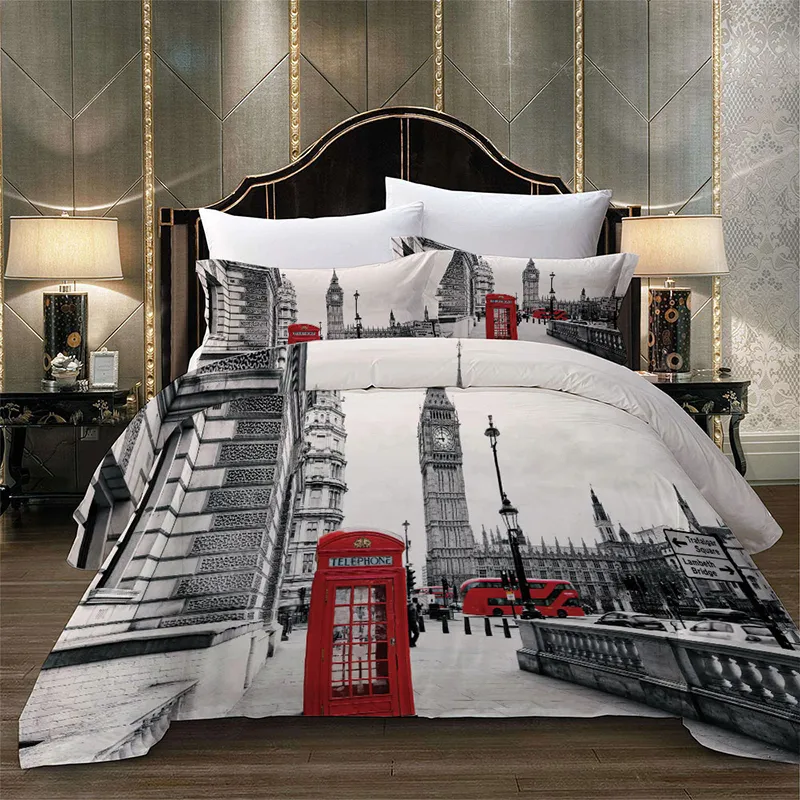 Парижская башня Лондон городской пейзаж большой бен красный телефонный кабин автобус печатание постельного белья комплект одеяла одеяло одеяло + наволочка США Au Eu Размер C0223