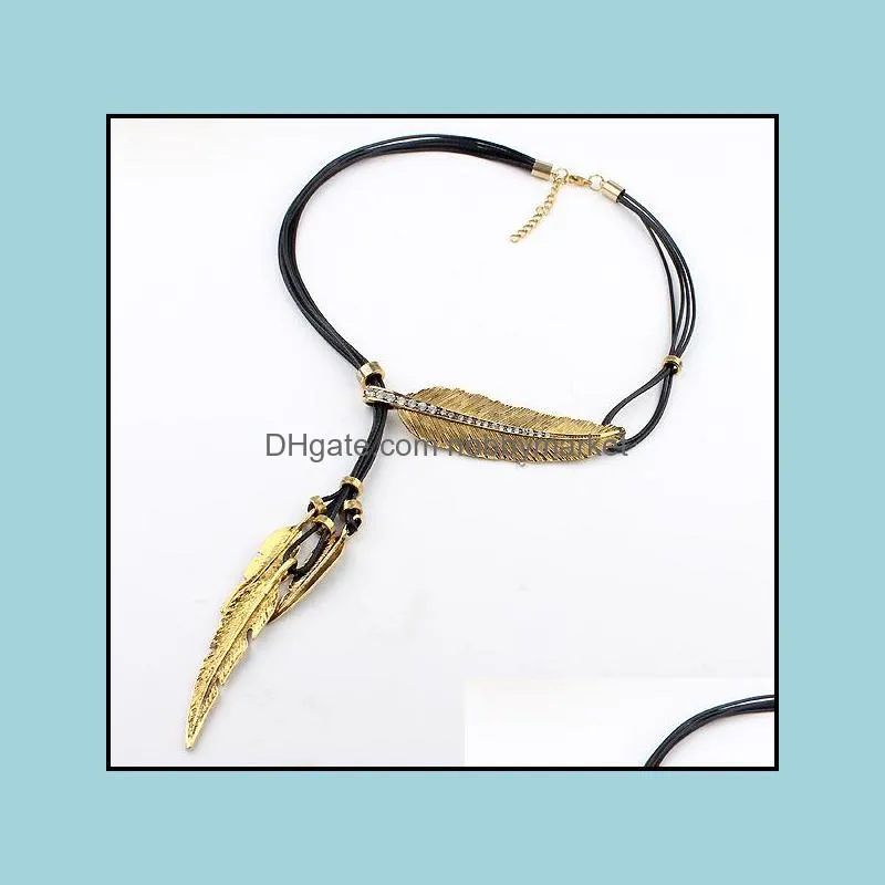 New Arrivals Fashion Rope Chain Feather Pattern Pendant Necklaces Bohemian Style Black statement necklace Jewelry For women Sweater