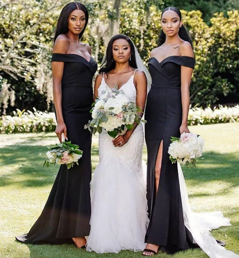 Off Shoulder Black Mermaid Long Black Bridesmaid Dresses With Side