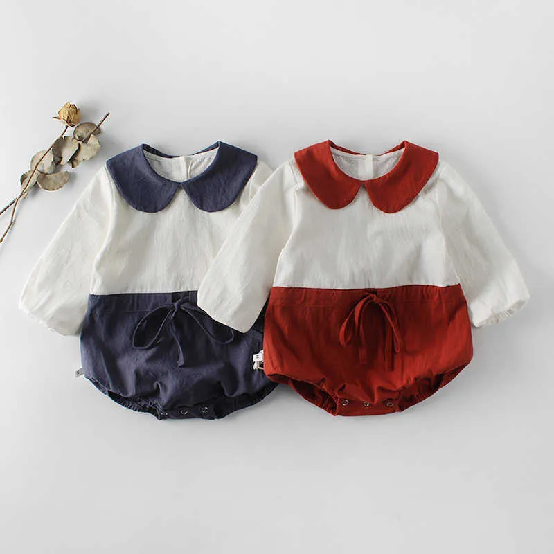 Baby Girl Bodysuits Full Sleeve Patchwork Cotton Infant Jumpsuit Red Blue Peter pan Collar born Baby Girl Clothes Spring 210713