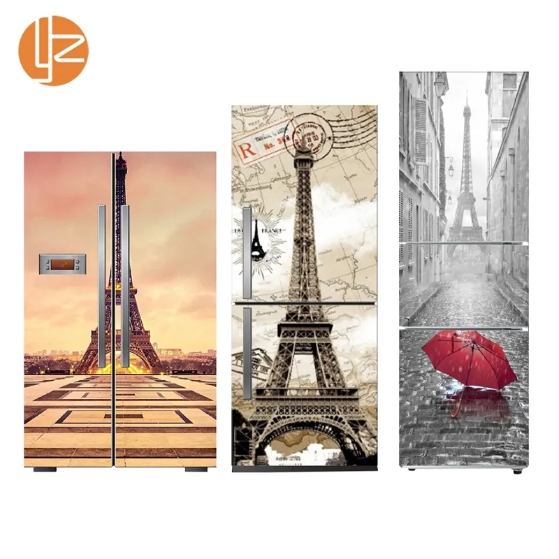 Creative Paris Pattern Self-adhesive Vinyl Fridge Stickers Mural Vintage Refrigerator Sticker Door Cover Kitchen Furniture Decor 210310