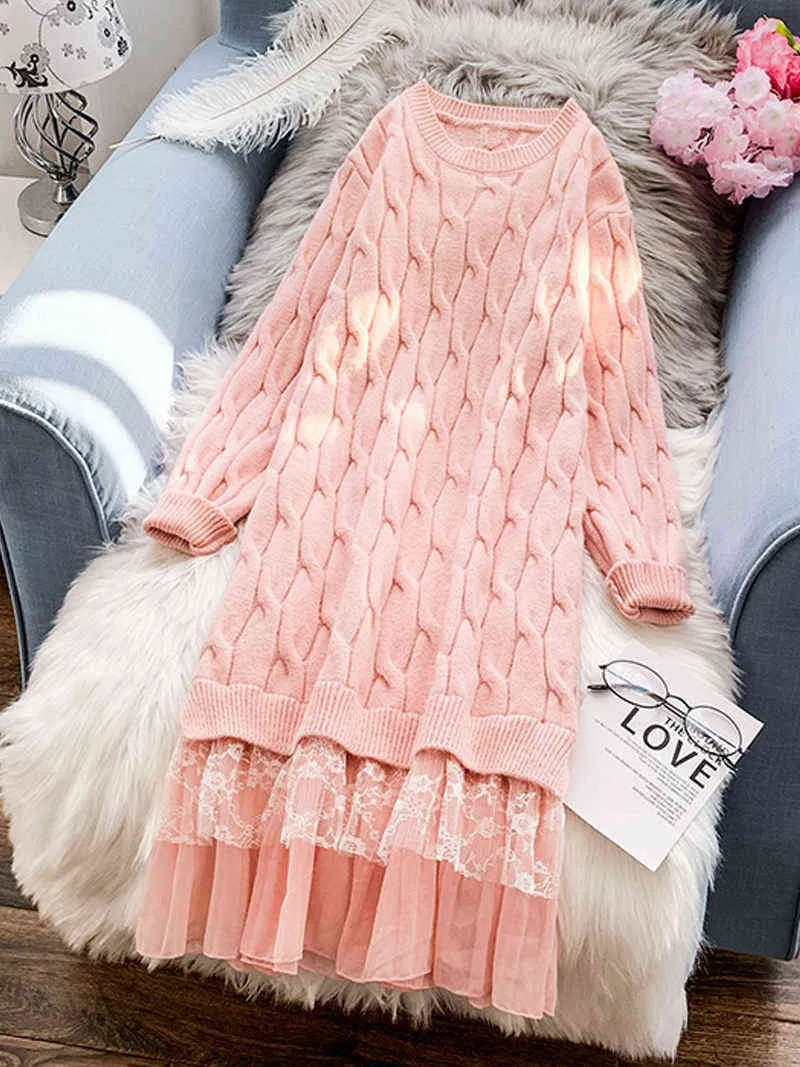 Large Size Clothes Women Autumn And Winter Lace Stitching Sweater Dress Knitted Long Pullover Shirt Vestidos Female Robes Y832 G1214