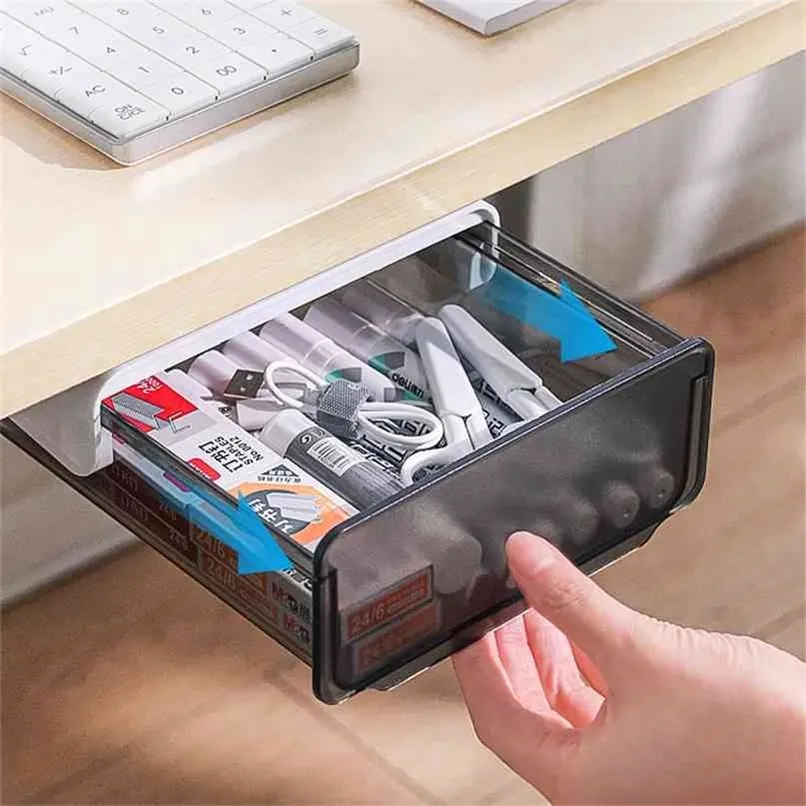 Sous le bureau tiroir transparent boîte de rangement de papeterie de bureau organisateur de bureau invisible petite étagère anti-poussière cachée suspendue 210922