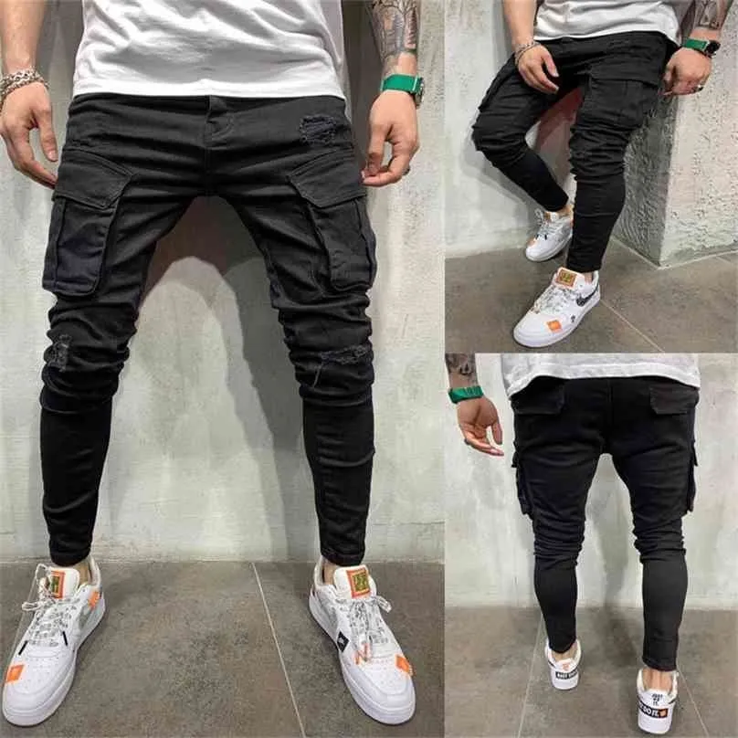 Black Biker Cargo Jeans Mannen Multi-Pocket Slim Fit Joggers Broek Mens Ripped Hole Motorfiets Streetwear Denim Potlood Broek 210716