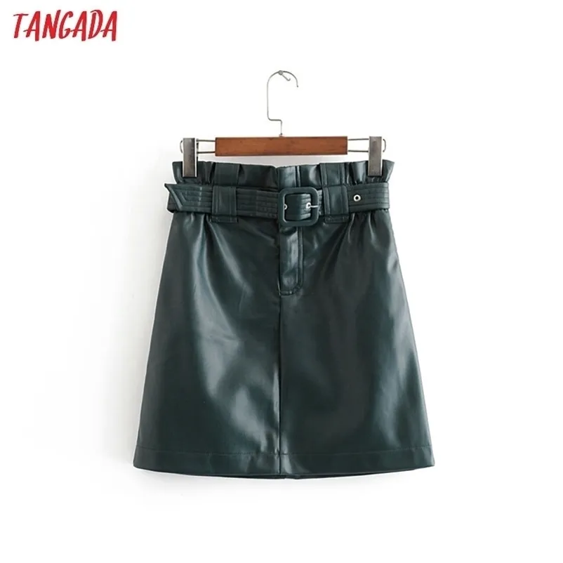 Tangada Mulheres Chic Pu Couro Verde Mini Saia Com Correia Zipper Vintage Feminino Elegante Saias Casuais Mujer 3H223 210310