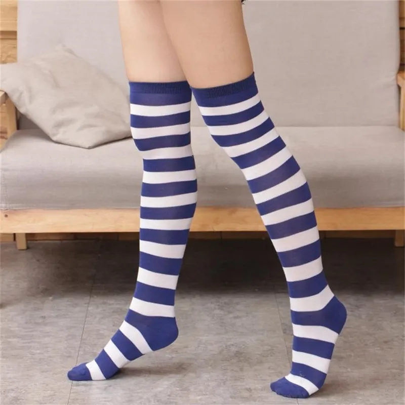 Chaussettes Stocking's Blue And White Stripe Genou Cuisse Cosplay Une Femme 211201