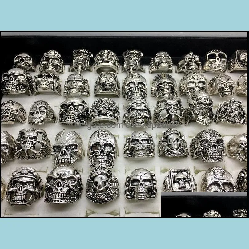 2021 Wholesale 50pcs Lot Vintage Skull Skeleton Jewelry Rings Punk Mixed Style Rings For Man