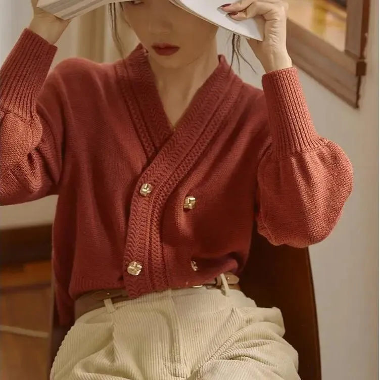 Swetry damskie 2021 V-Neck Dzianiny Cardigan Cienka Płaszcz Francuski Nisze Czerwony Sweter Kobiety Wiosna I Jesień Luźny Bawełniany przycisk