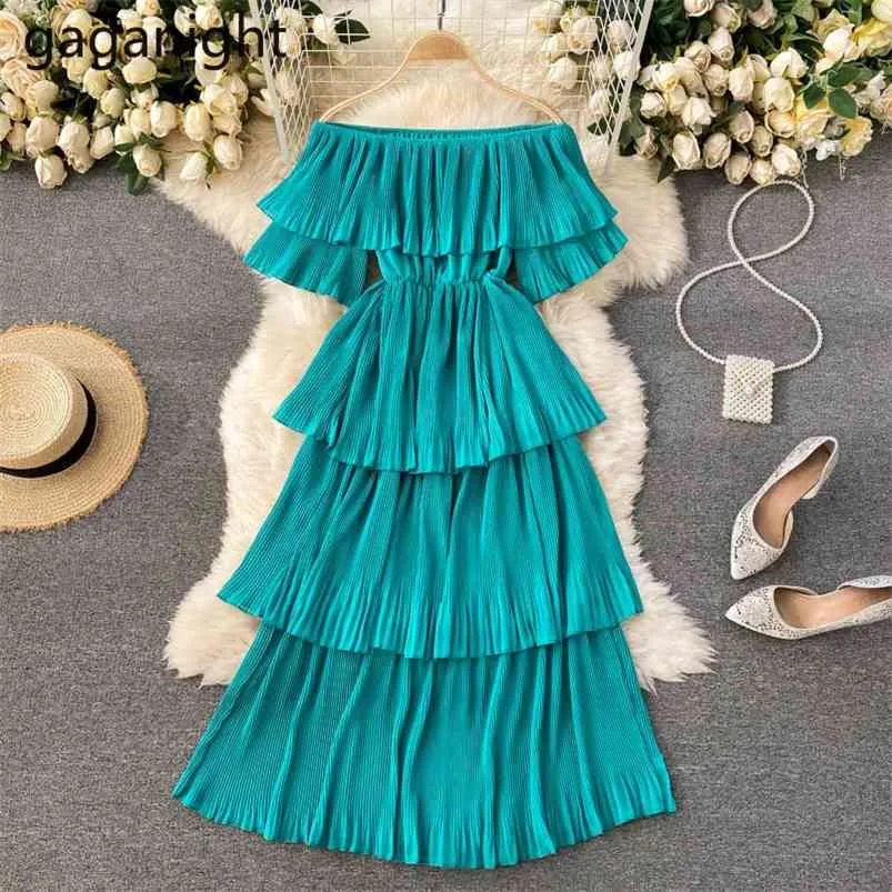 Gaganight Stile Coreano Elegante Sexy Sottile Fata Dres Moda Slash Neck Manica Corta Torta Abiti Ragazze Al Ginocchio Vestaglie 210623