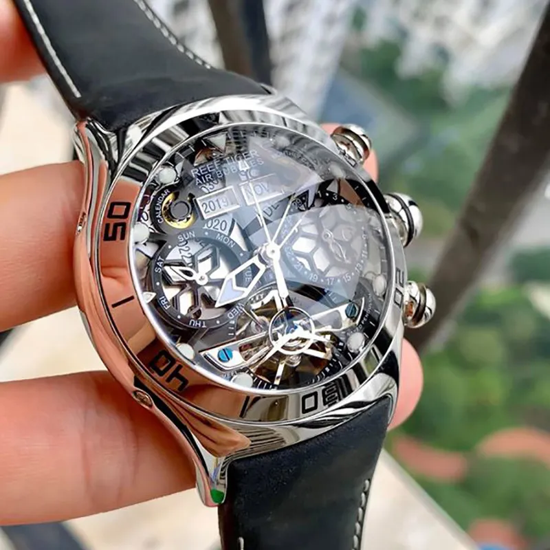 암초 호랑이 남성 스포츠 시계 스켈레톤 다이얼 및 손 1 년일 날짜 날짜 빛 검은 색 강철 자동 시계 RGA703