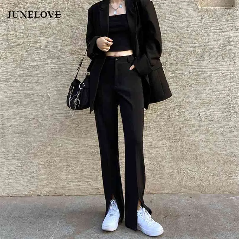 JuneLove Vintage pantalon évasé long femmes coréen Streetwear Sexy taille haute pantalon dame décontracté avant fendu cloche bas pantalon 210925
