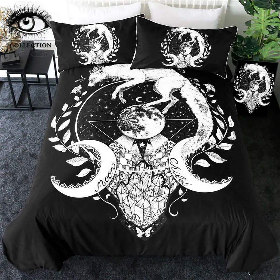 Moon Child Black by Pixie Cold Art Bedding Set White Fox Duvet Cover Galaxy Planet Bedclothes Animal Floral Home Textiles 3pcs 210309