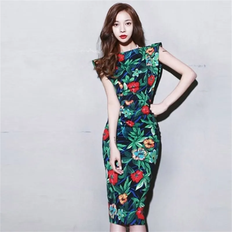 Summer Plus Size Vintage Bandage Bodycon Pencil Dress Women Green Print Sleeveless Party Casual Office Lady es 210603