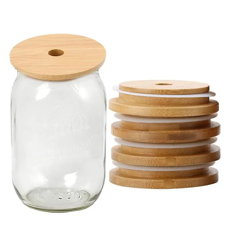 Mason Lids Reusable Bamboo Caps Lid with Straw Hole and Silicone Seal for Masons Jars Canning Drinking JarsLid WLL1190