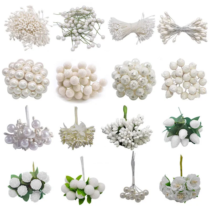 White Hybrid Flower Cherry Stamen Berries Handmade Artificial Flower DIY Wreath For Cake Decoration/Crafts/Nylon Flower DIY Gift