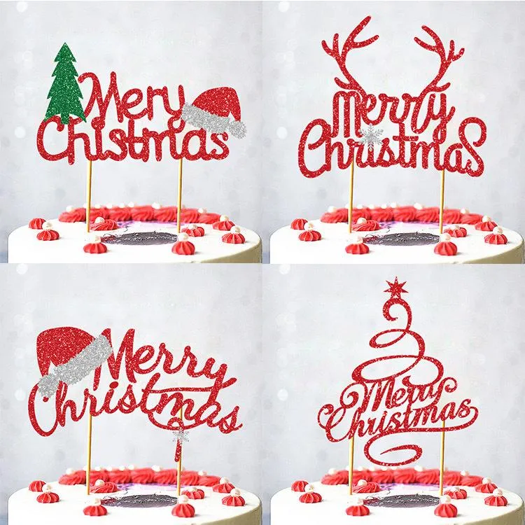 その他のお祝いパーティー用品メリークリスマス帽子ケーキトッパーフラッグスアントラーズツリーカップケーキトッパーデコレーション幸せな年ベーキングDIYクリスマス