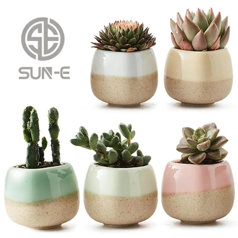 5 in Set 2.2 Inch Container Planter Ceramic Flowing Glaze Five Color Base Serial Set Succulent Plant Pot Cactus Flower Pot Gift 210922