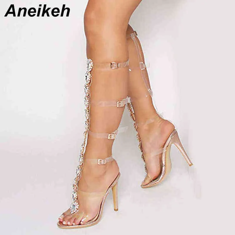 Sandales Aneikeh nouvelles chaussures taille 41 42 sexy gladiateur genou haute boucle transparente mode cristal fleur talon femmes sandale 220121