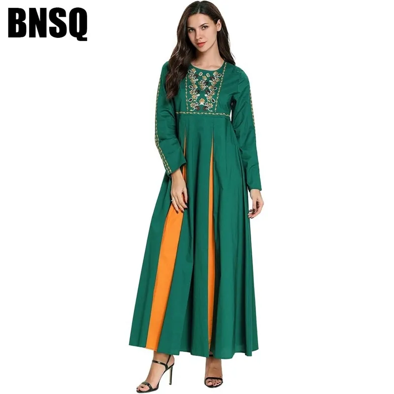 9018威厳と快適なアラブ大レディースドレス緑のファッション刺繍イスラム教徒のスイングスカート