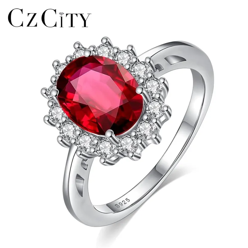 Czcity Princess Diana William Kate Ruby Emerald Sapphire Bröllopsförlovning Ringar för kvinnor 925 Sterling Silver Fine Smycken 211217